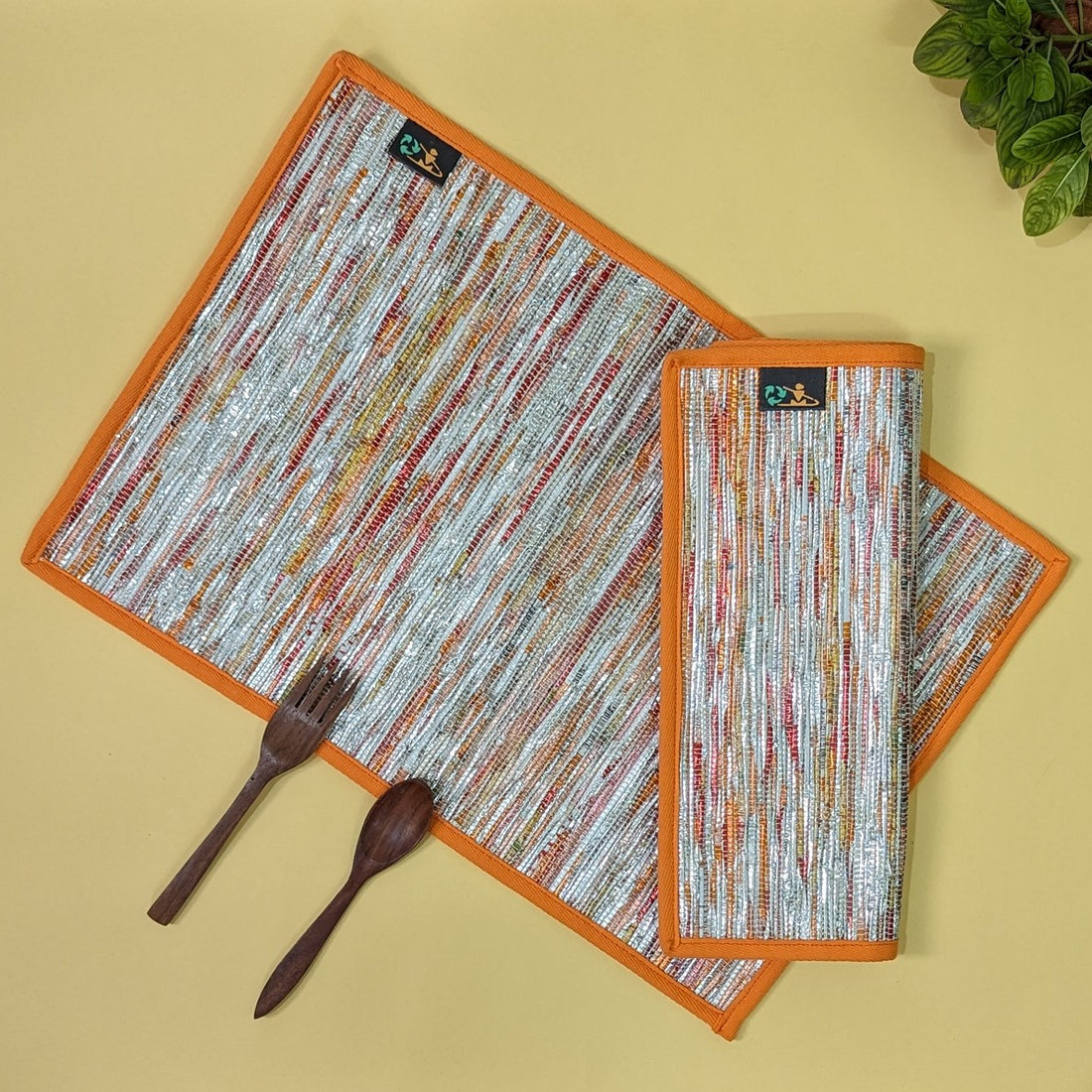 Multicolored Shimmery Upcycled Handwoven Table Mat (Set of 2) (TM0824-004) PS_W