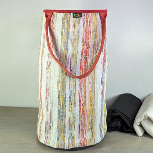 Multicolored with White Stripes Waste Plastic Wrappers Upcycled Handwoven Laundry Bag (LBG0324-119)