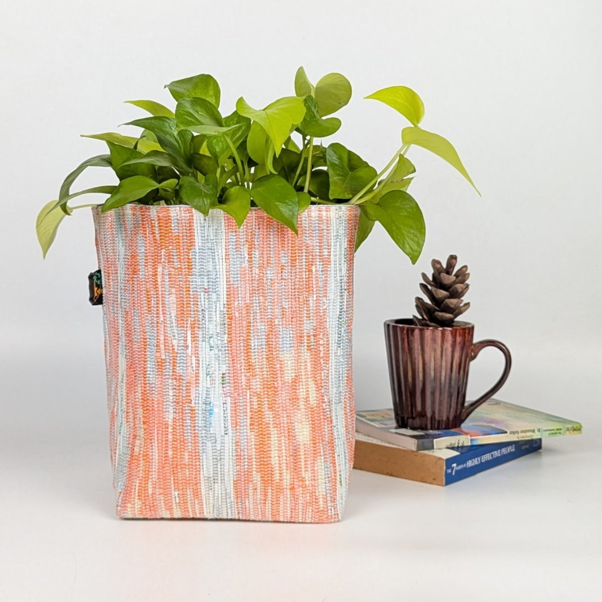 Orange White Upcycled Handwoven Grow Pot Big (GPB1224-010)