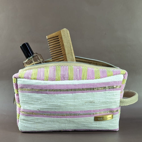 Pink White Yellow Waste Plastic Wrappers Upcycled Handwoven Travel Kit (TK0524-008)