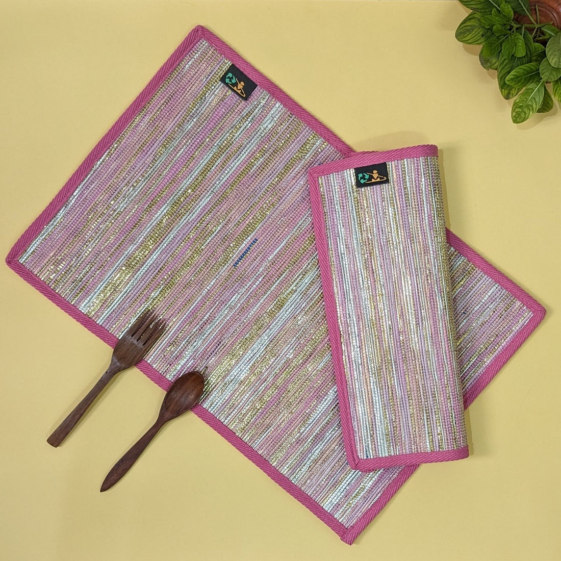 Pink Golden Shimmery Upcycled Handwoven Table Mat (Set of 2) (TM0824-006) PS_W
