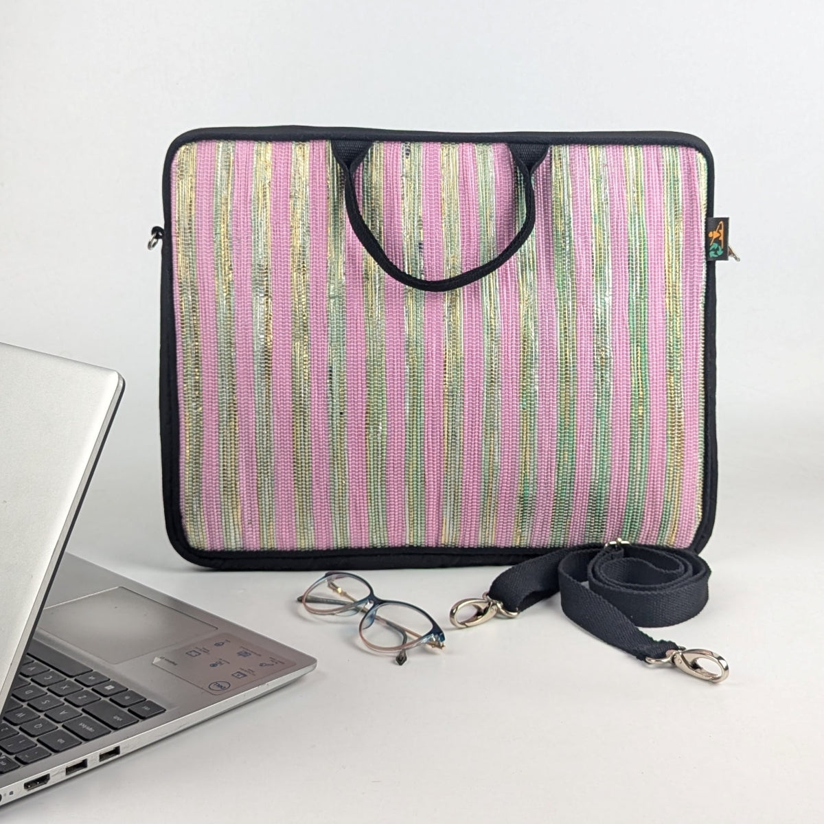 Pink Shimmery Golden Striped Upcycled Handwoven Laptop Sleeve 16 inch (LSB161124-001) PS_W