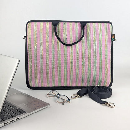 Pink Shimmery Golden Striped Upcycled Handwoven Laptop Sleeve 16 inch (LSB161124-001) PS_W