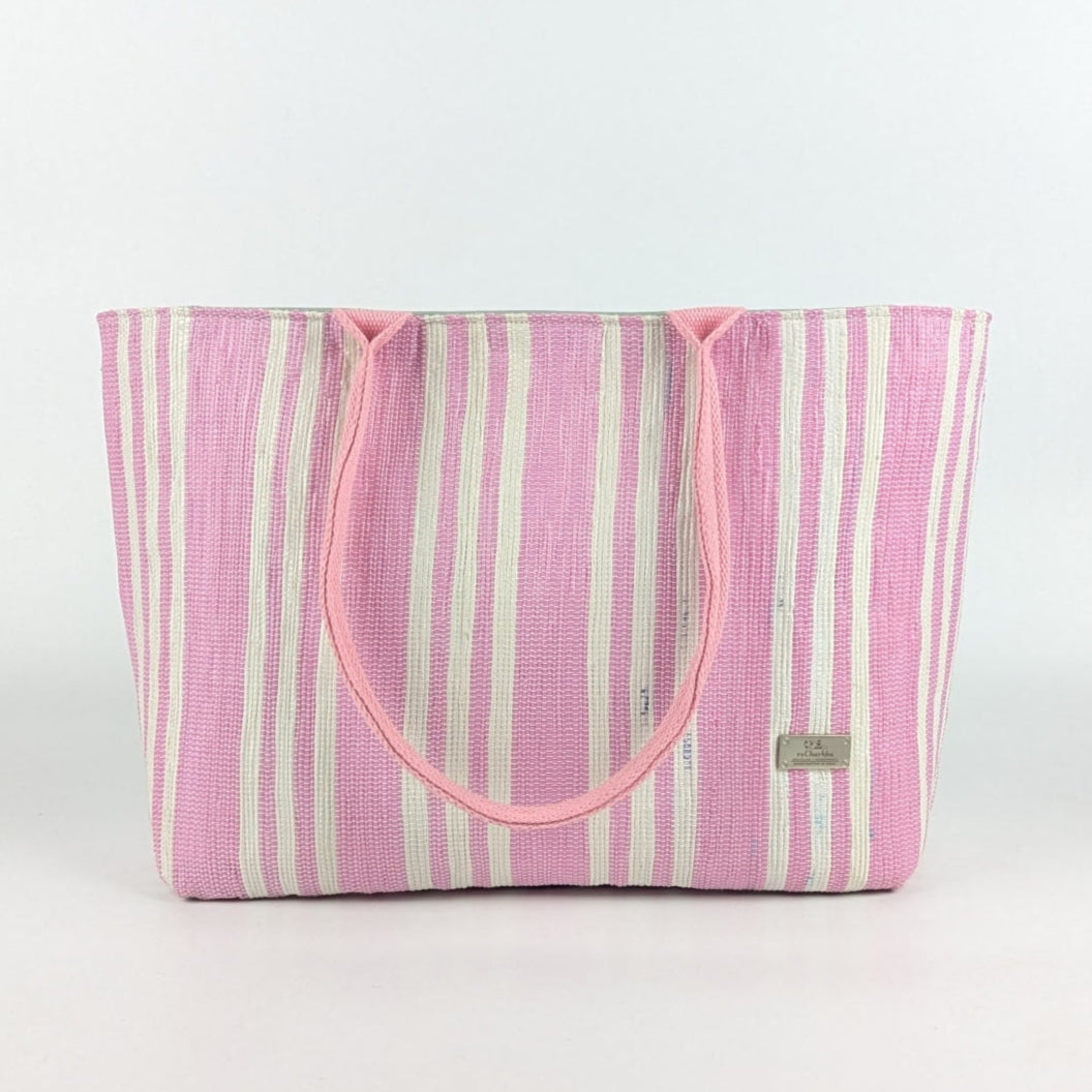 Pink and White Striped Upcycled Handwoven Office Tote (OT0824-010) PS_W