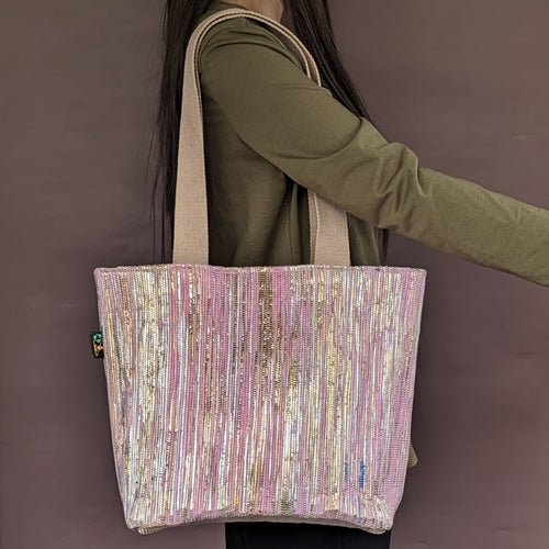 Pink and Golden Shimmery Waste Plastic Wrappers Upcycled Handwoven Shopper Tote (ST0424-015)
