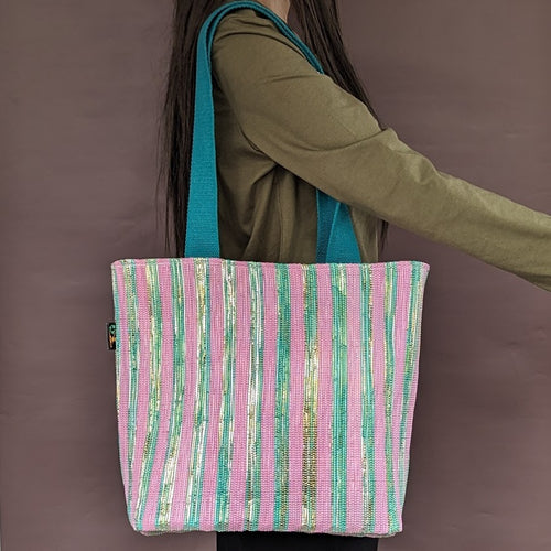 Pink and Green Shimmery Waste Plastic Wrappers Upcycled Handwoven Shopper Tote (ST0424-023)