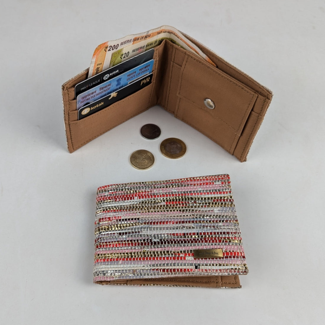 Red Brown Golden Shimmery Upcycled Handwoven Wallet (W1024-007) PS_W
