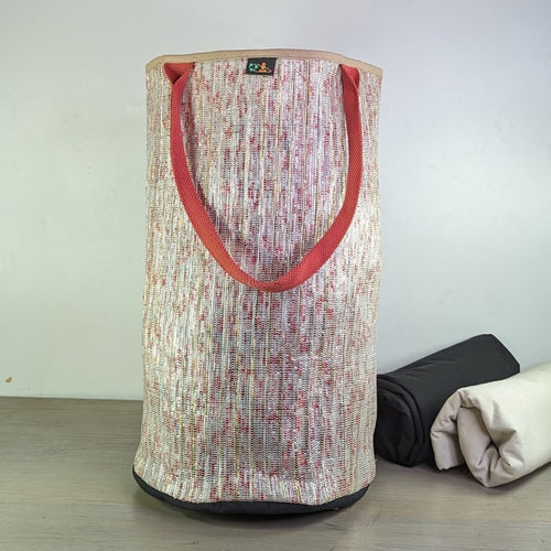 Red and White Modern Dairy Waste Plastic Wrappers with Golden Stripes Upcycled Handwoven Laundry Bag (LBG0324-111)