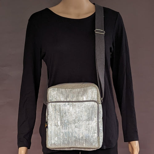 Shimmery Silver Waste Plastic Wrappers Upcycled Handwoven Cross Body Sling (CBS0524-003) PS_W