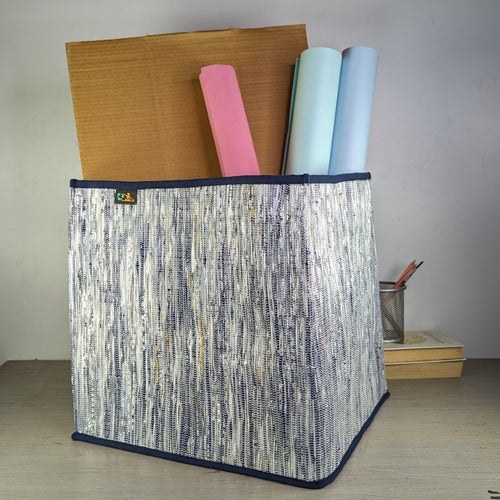 Shimmery Silver and Blue Waste Plastic Wrappers Upcycled Handwoven Collapsible Storage Basket Big (CSBB0424-011) PS_W