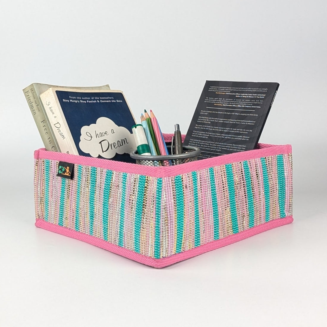 Shimmery Golden Green Pink Striped Upcycled Handwoven Collapsible Storage Basket Small (CSBS0125-009) PS_W