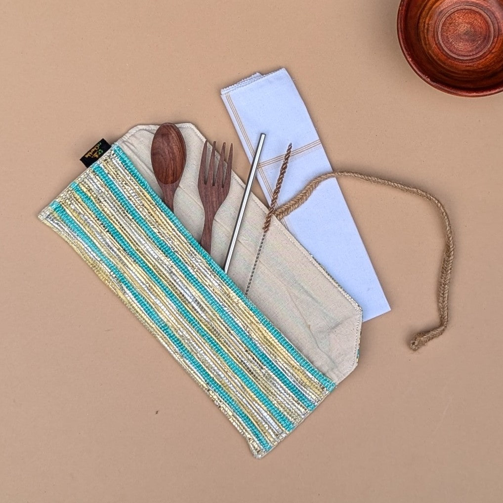 Shimmery Golden Green Striped Upcycled Handwoven Cutlery Kit (CK1224-005) PS_W