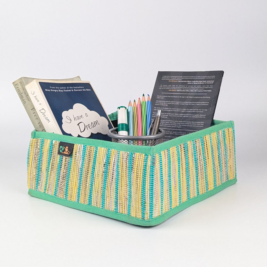 Shimmery Golden Green Yellow Striped Upcycled Handwoven Collapsible Storage Basket Small (CSBS0125-006) PS_W