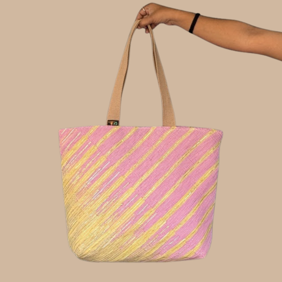 Shimmery Golden Pink Yellow Upcycled Handwoven Designer Beach Bag (BBD1224-003) PS_W