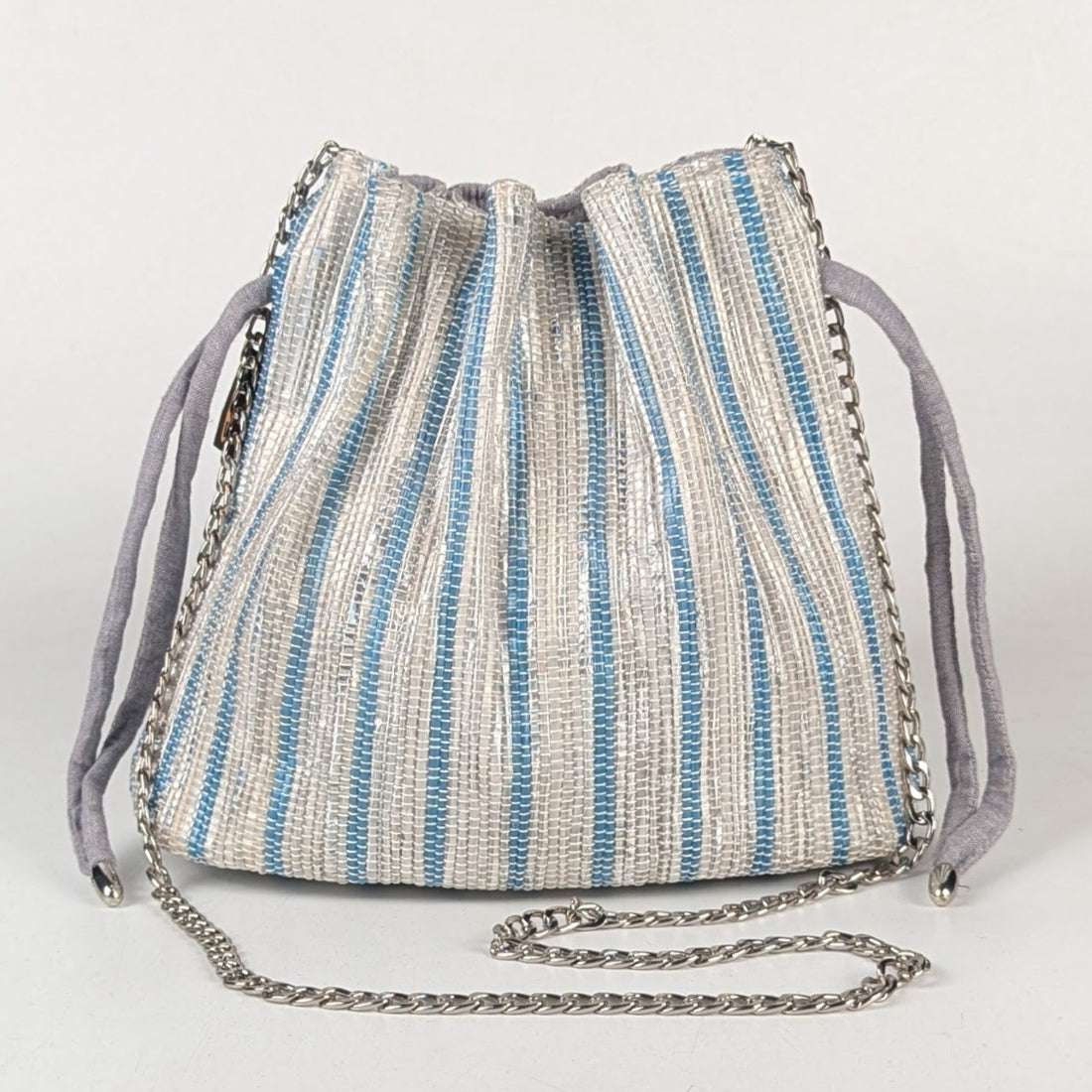 Shimmery Silver and Blue Striped Upcycled Handwoven Potli Sling (PS0824-003) PS_W