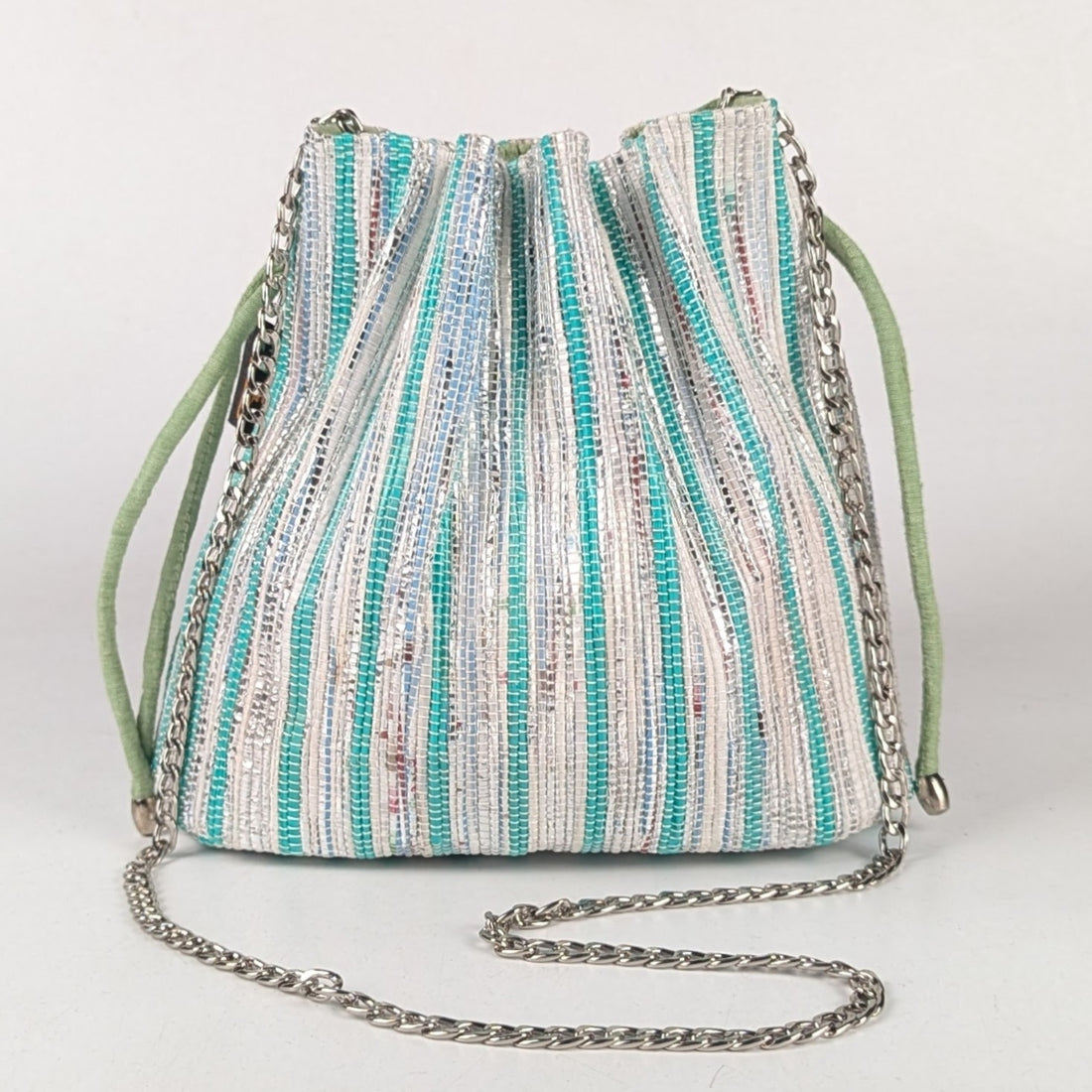 Shimmery Silver and Green Striped Upcycled Handwoven Potli Sling (PS0824-013) PS_W