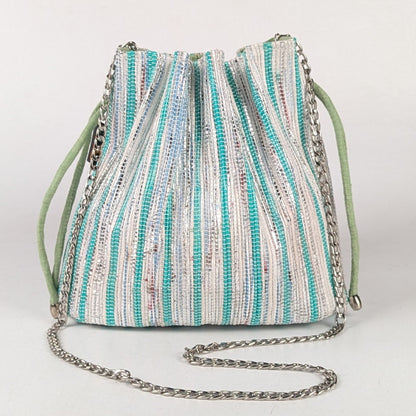 Shimmery Silver and Green Striped Upcycled Handwoven Potli Sling (PS0824-013) PS_W