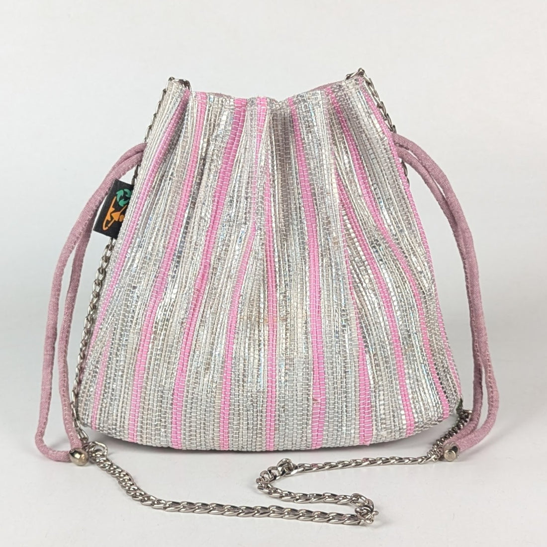 Shimmery Silver and Pink Striped Upcycled Handwoven Potli Sling (PS0824-002) PS_W