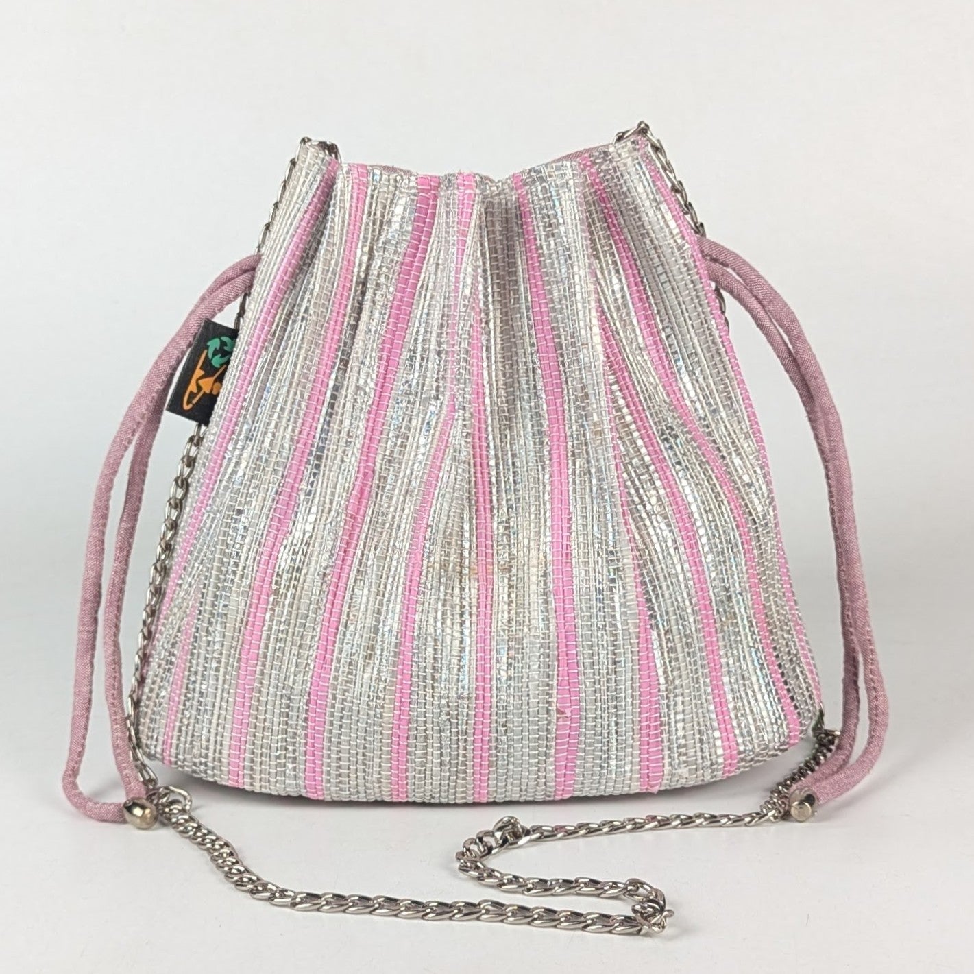 Shimmery Silver and Pink Striped Upcycled Handwoven Potli Sling (PS0824-002) PS_W