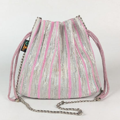 Shimmery Silver and Pink Striped Upcycled Handwoven Potli Sling (PS0824-002) PS_W