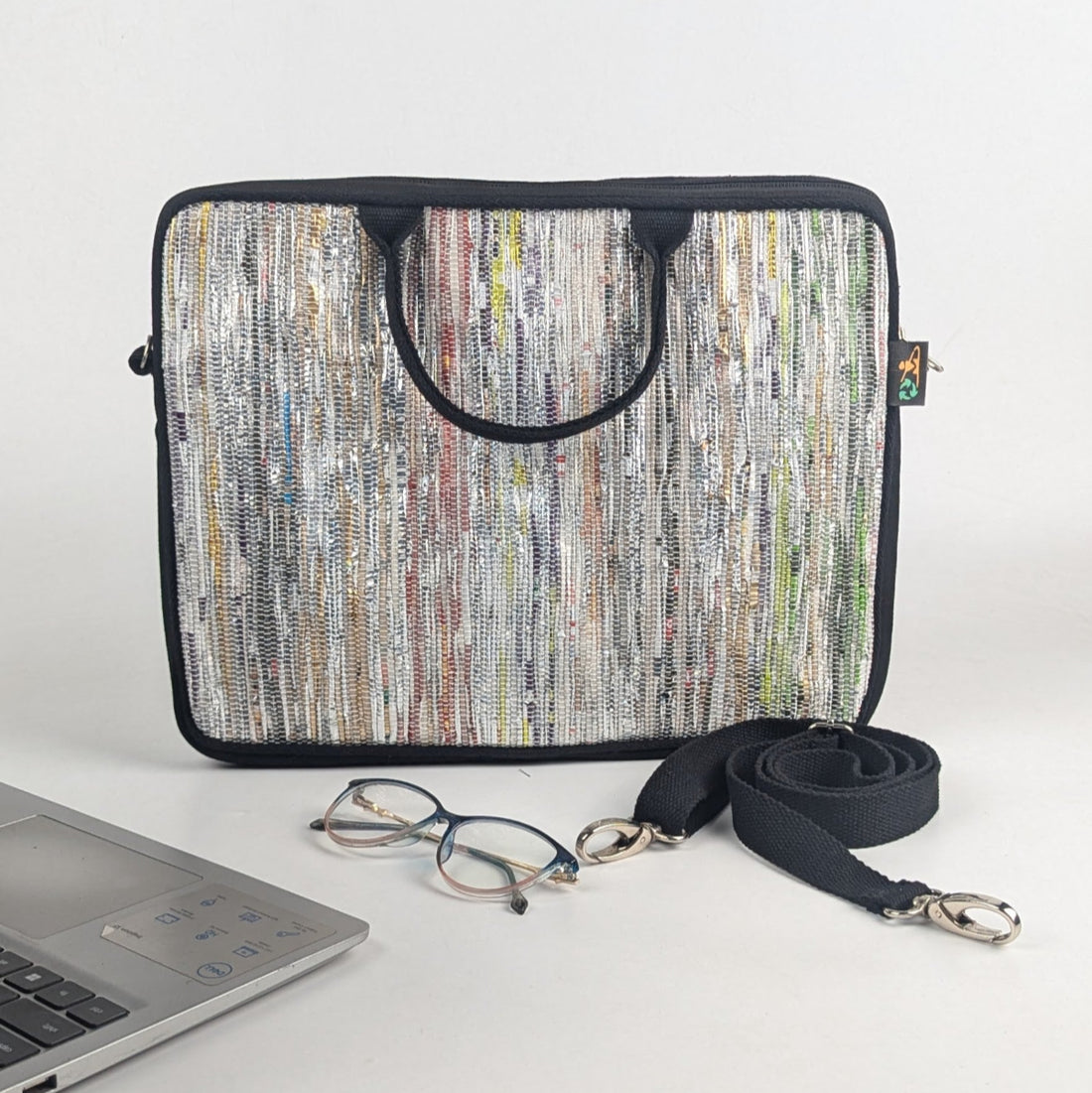 Silver Multi Colour MIx Upcycled Handwoven Laptop Sleeves 14 inches (LSB140225-013) PS_W