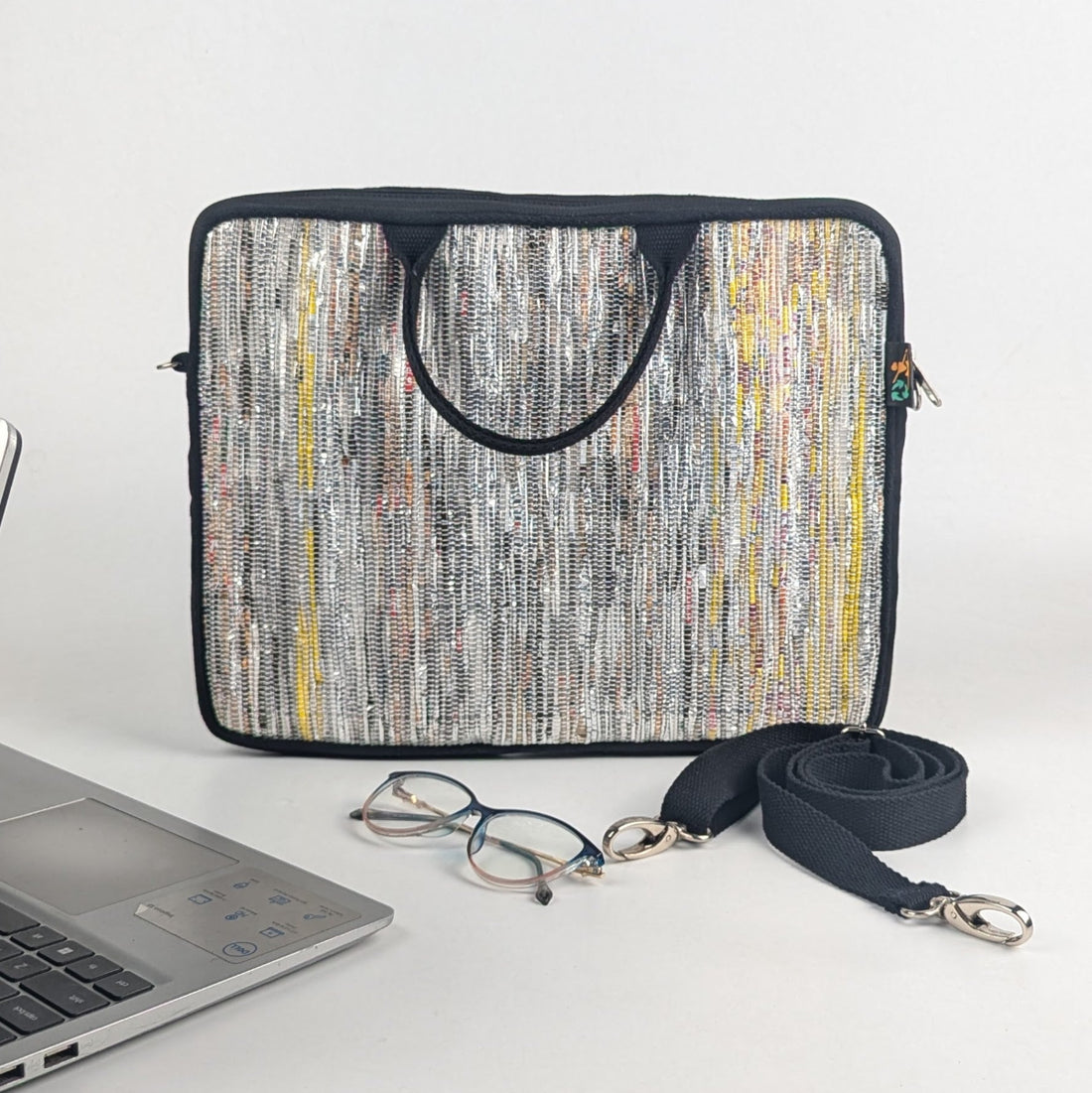Silver with Black and Maggi Mix Upcycled Handwoven Laptop Sleeves 14 inches (LSB140225-008) PS_W