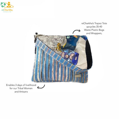 reCharkha Upcycled Handwoven Recycle Livelihoods Handcraft Handmade Shopping Bag Tote Trapez Art Ethically Tribal Made in India Pune Warli Tribe Handloom Refash Trash Fash Waste EcoSocial Upcyclers Conscious Fashion Upcycled slow Trending Swadeshi Weave Textile Sustainable