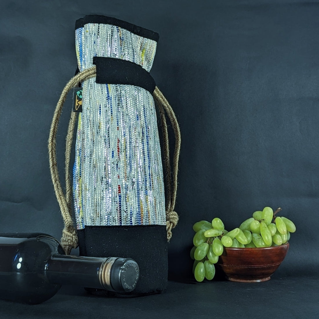 (WB0224-102) Silver Glitter with Bluish Tinge Upcycled Handwoven Wine Bottle Holder