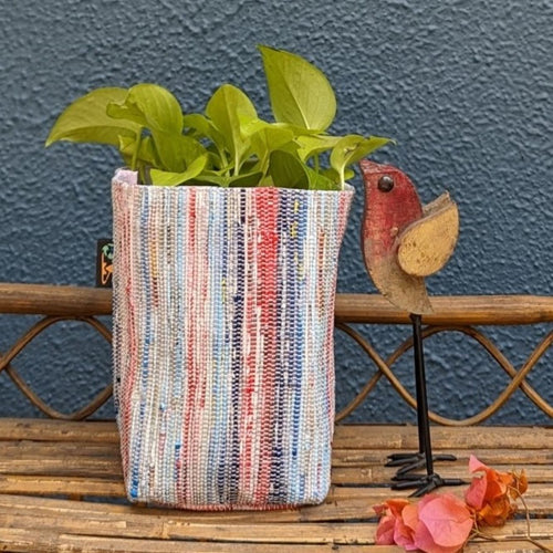 White Blue and Red Waste Plastic Wrappers Upcycled Handwoven Grow Pot Medium (GPM0424-010) PS_W