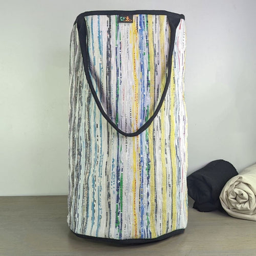 White Waste Plastic Wrappers with Multicolored Stripes Upcycled Handwoven Laundry Bag (LBG0424-005)