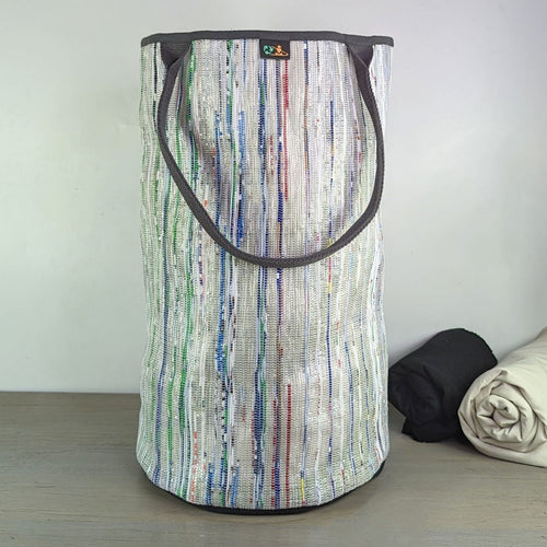 White Waste Plastic Wrappers with Multicolored Stripes Upcycled Handwoven Laundry Bag (LBG0424-010)