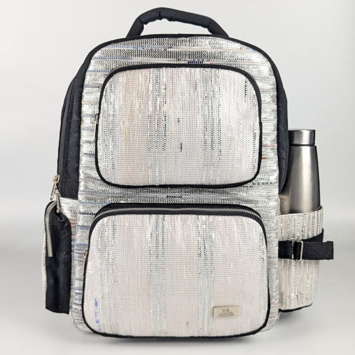 White Silver Shimmery Striped Upcycled Handwoven Commuter Backpack (CBP0824-003) PS_W