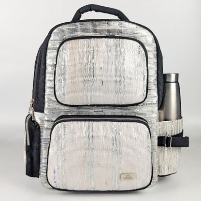 White Silver Shimmery Striped Upcycled Handwoven Commuter Backpack (CBP0824-003) PS_W