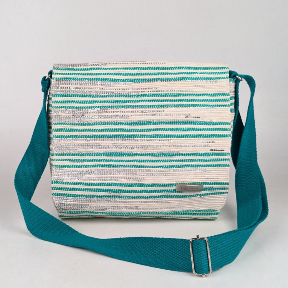 White with Green Stipes Upcycled Handwoven Messenger Bag (MB0325-004) PS_W