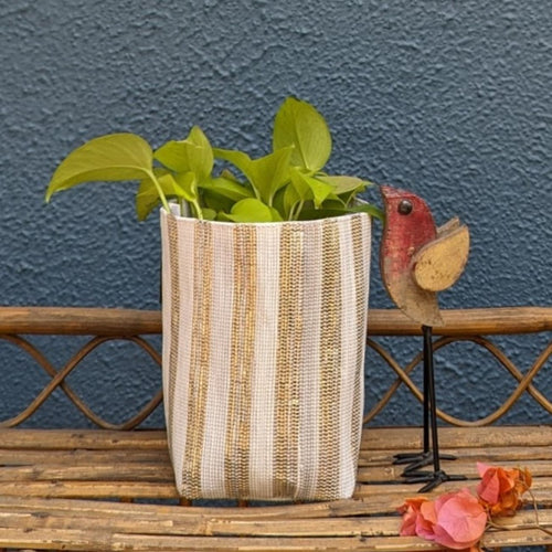 White and Golden Shimmery Striped Waste Plastic Wrappers Upcycled Handwoven Grow Pot Medium (GPM0424-008) PS_W