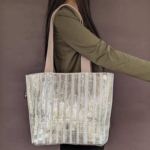 White and Golden Shimmery Waste Plastic Wrappers Upcycled Handwoven Shopper Tote (ST0424-021)