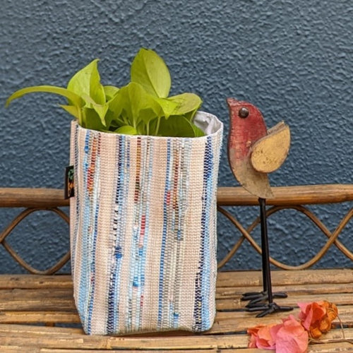 White with Blue and Red Stripes Waste Plastic Wrappers Upcycled Handwoven Grow Pot Medium (GPM0424-005) PS_W