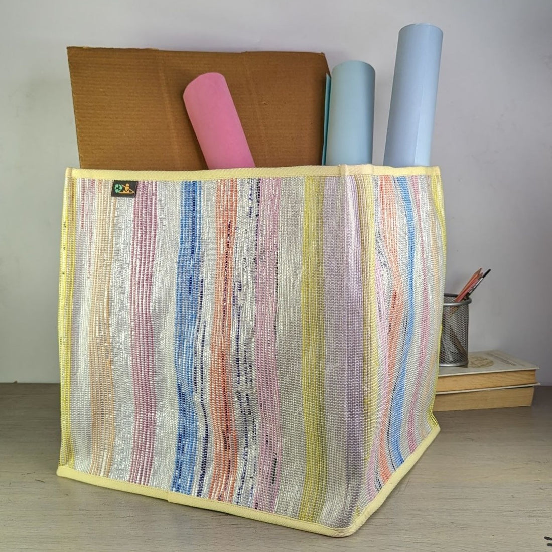 White with Multicolored Stripes Waste Plastic Wrappers Upcycled Handwoven Collapsible Storage Basket Big (CSBB0424-004) PS_W