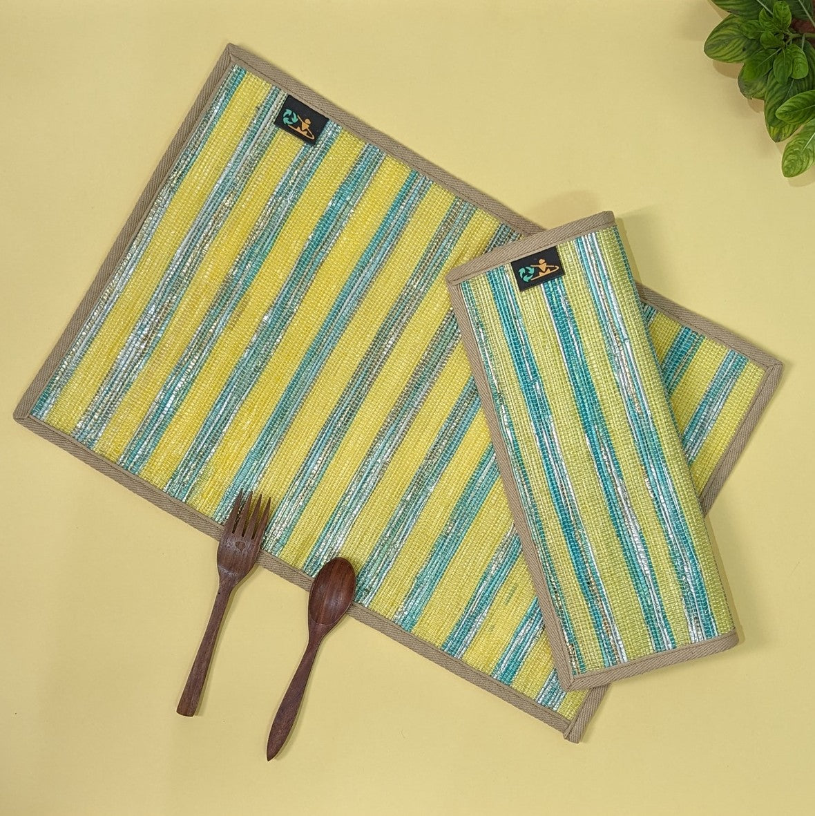 Yellow Green Silver Shimmery Striped Upcycled Handwoven Table Mat (Set of 2) (TM0824-002) PS_W