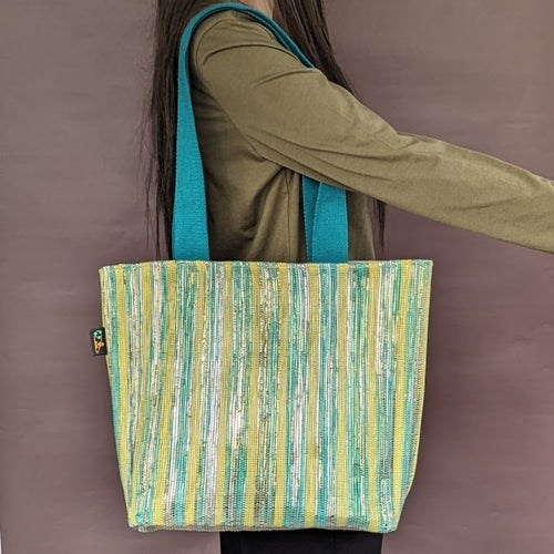 Yellow and Green Shimmery Waste Plastic Wrappers Upcycled Handwoven Shopper Tote (ST0424-024)