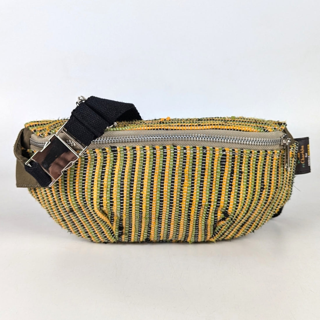 reCharkha X India Hikes - Black Green Bright Yellow Striped Upcycled Handwoven Fanny Pack (FP0724-003) PS_W