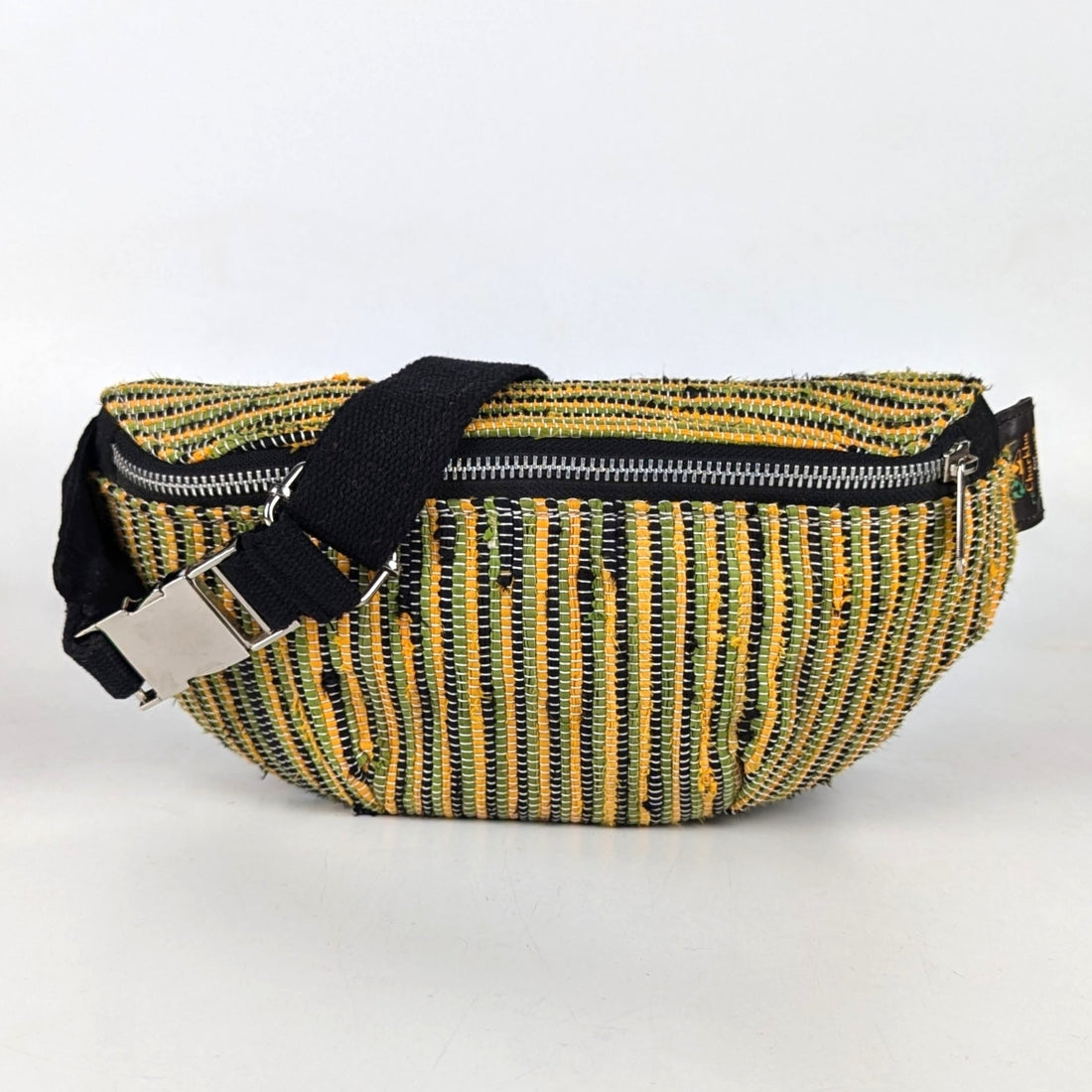 reCharkha X India Hikes - Black Green Yellow Thin Striped Upcycled Handwoven Fanny Pack (FP0724-001) PS_W