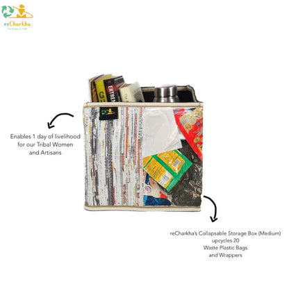 reCharkha Upcycled Handwoven Recycle Livelihoods Handcraft Storage Box Medium/ Home Decor Ethically Tribal Made in India Pune Warli Tribe Handloom Refash Trash Fash Waste EcoSocial Upcyclers Conscious Fashion Upcycled slow Trending Swadeshi Weave Textile