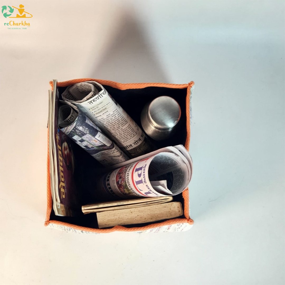 reCharkha Upcycled Handwoven Recycle Livelihoods Handcraft Storage Box Medium/ Home Decor Ethically Tribal Made in India Pune Warli Tribe Handloom Refash Trash Fash Waste EcoSocial Upcyclers Conscious Fashion Upcycled slow Trending Swadeshi Weave Textile
